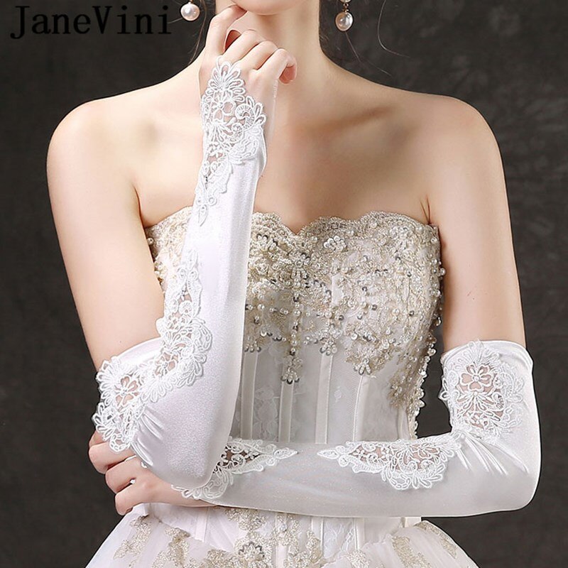 JaneVini Fingerless Long White Wedding Gloves for Bride Satin Lace Opera Length Bridal Gloves Women Party Hand Gloves