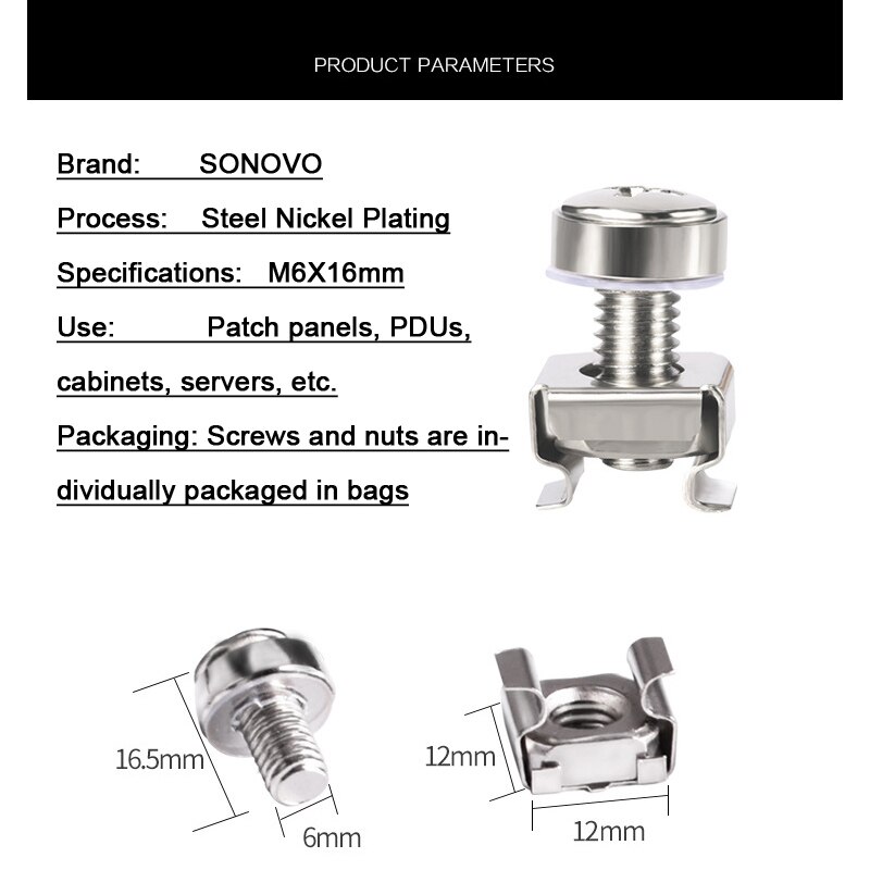 20 50 100pcs Crown Nickel Plated Steel Cabinet Screw Female Seat Nut M6*16mm 20mm Computer Patch Panel Network Server PDU: 100PCS / M6X16mm