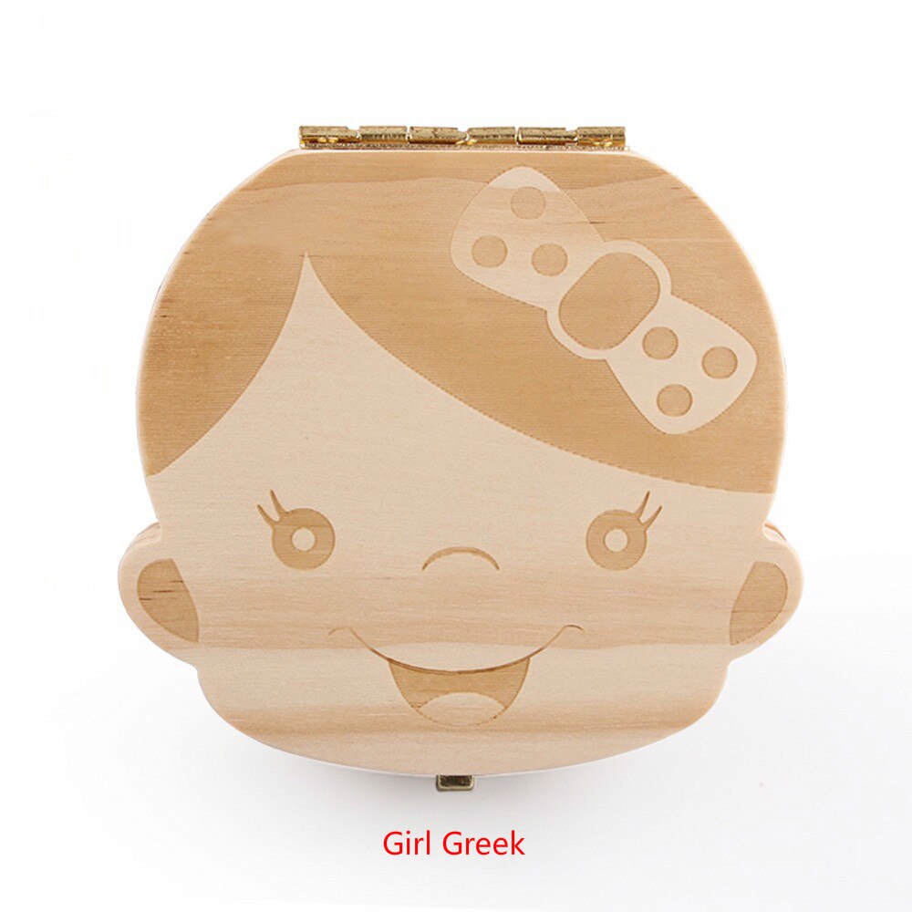 Tand Doos Engels Spaans Tekst Baby Jongen Meisje Fallen Opslag Natuurlijke Hout Case Besparen Melk Tanden Collection Organizer Houder: Girl Greek