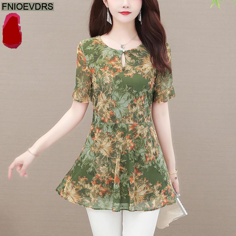 Sommertøj 5xl 4xl 3xl toppe bluser til kvinder grøn sommer blomsterprint tunika lang skjorte afslappet mave peplum bluser