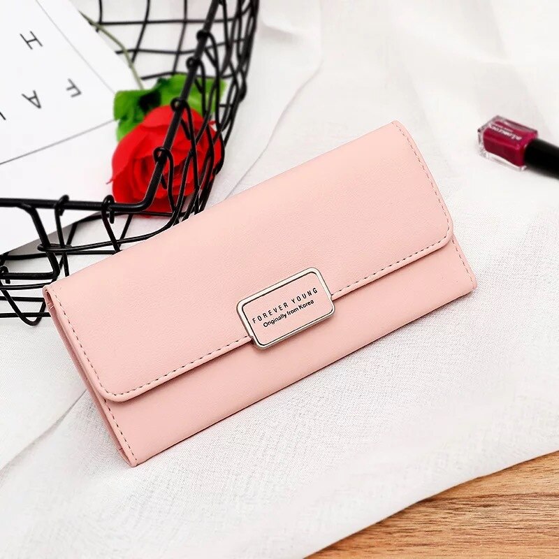 portefeuille pour femmes Simple Pu longue Tri-fold sac grande capacité Multi carte porte-bits étudiants femmes portefeuille porte-monnaie: Pink