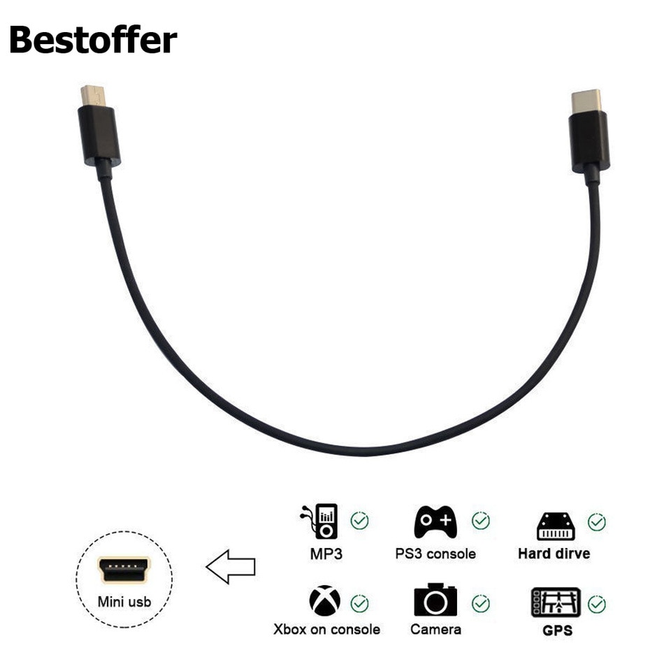 Mini Usb Naar USB-C Kabel Usb C Naar Mini B Cord Voor Gopro Hero 3 + PS3 Controller &amp; Mini B Apparaten 25 Cm/Zwart
