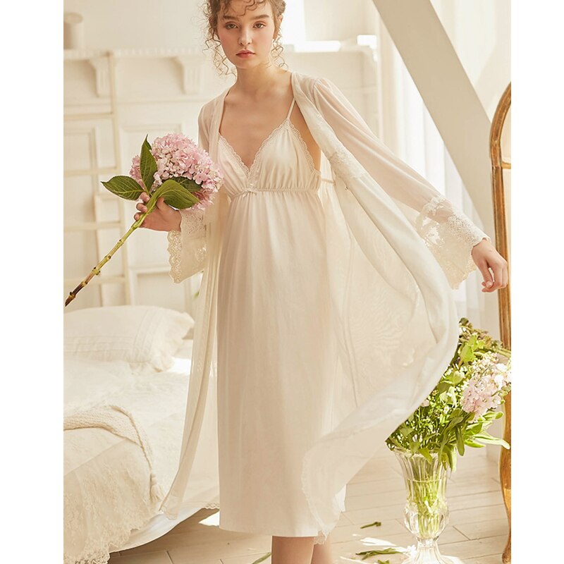 Vintage Bathrobe Female Plus Size Autumn Sleepwear Women Night Wear Home Gown Robe Set Princess Style Peignoir Sets T648: White / L