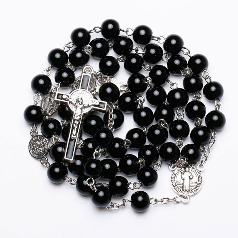 Katolske sorte rosenkransperler halskæde til kvinder mænd krydser lange vedhæng halskæder bedende religiøse smykker kirke