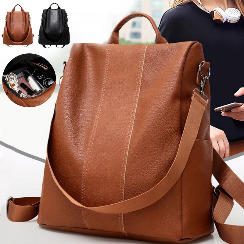 Weibliche Anti-diebstahl Rucksack Klassische PU Leder Einfarbig Rucksäcke Frauen Reise Schulter Crossbody Schwarz Braun Bagpack