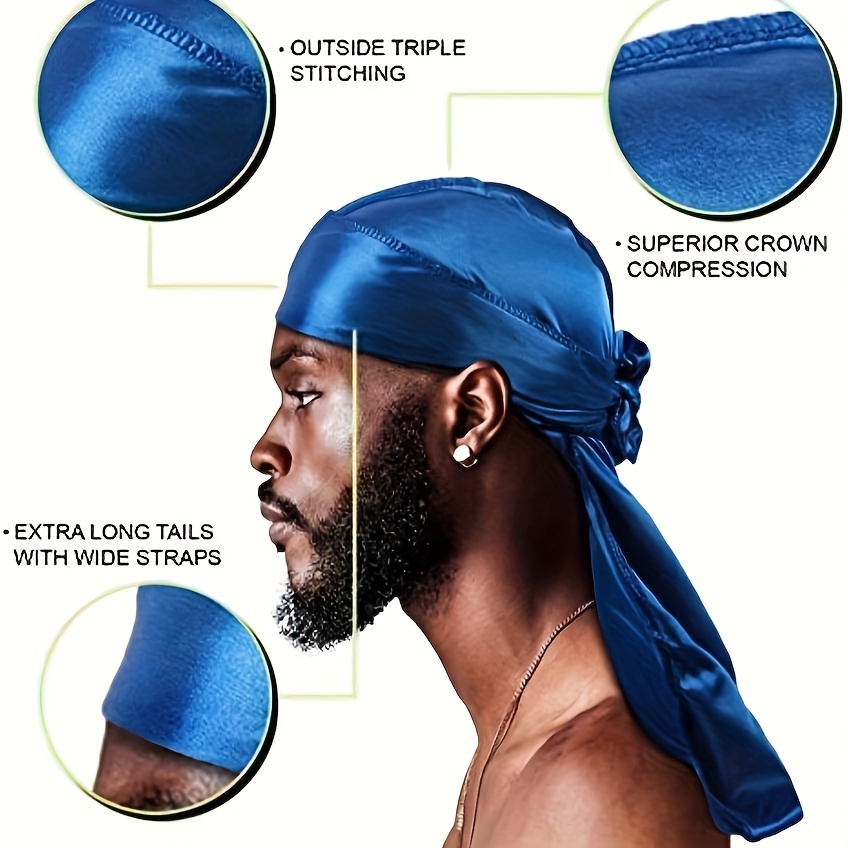 Heren zijden Durag Bonnet Bandana Silky Du Rag Doo Rag Long Tail Waves Cap