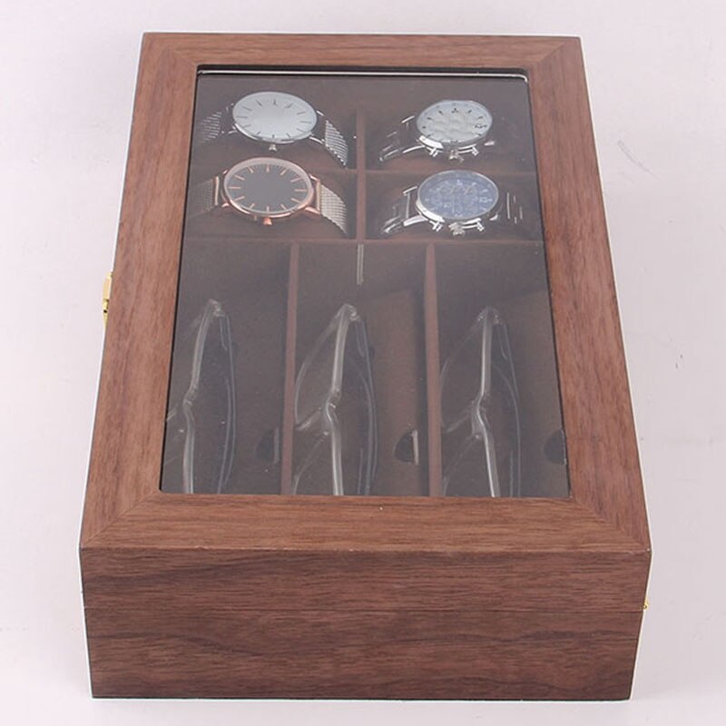 Wooden 4 Cells Watch Display Case,3 Cells Eyeglass Display Organizer, Glass Topped Wooden Watch Display Case