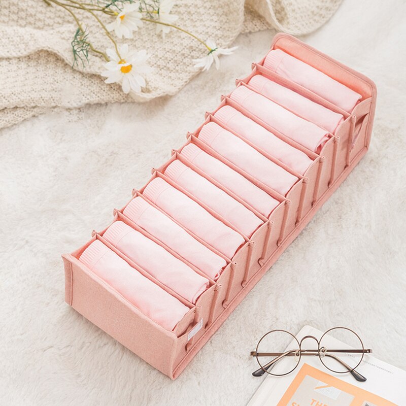 Cotton and linen Collapsible Closet Cabinet Organizer Underwear Storage Grids Foldable Drawer Organizer Interior For Socks Short: Pink 11grid