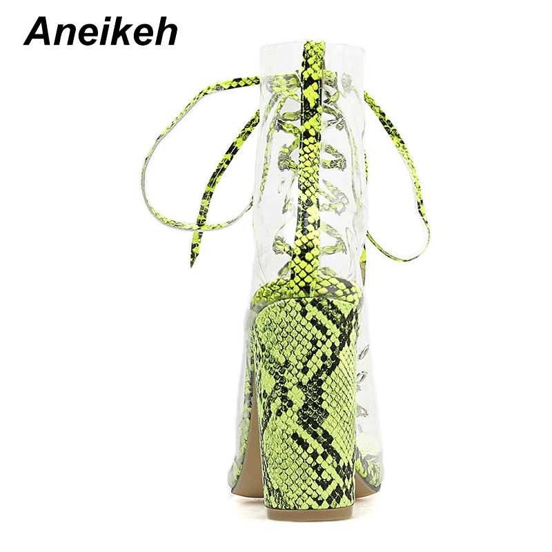 Aneikeh Novelty PVC Vrouwen Laarzen Serpentine Transparante Peep Toe Lace-Up Schoenen Dans Vierkante Hoge Hak Enkel maat 35-42
