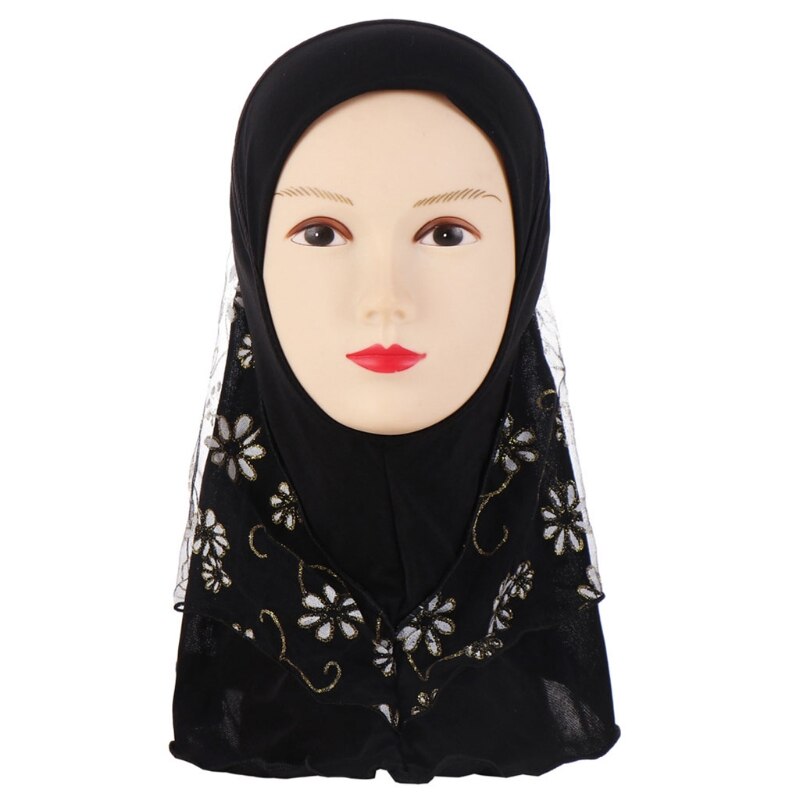 Children Kids Muslim Small Girl Hijab With Lace Flower Pattern Islamic Scarf Shawls Stretch 56cm 7-11 Years Old: A