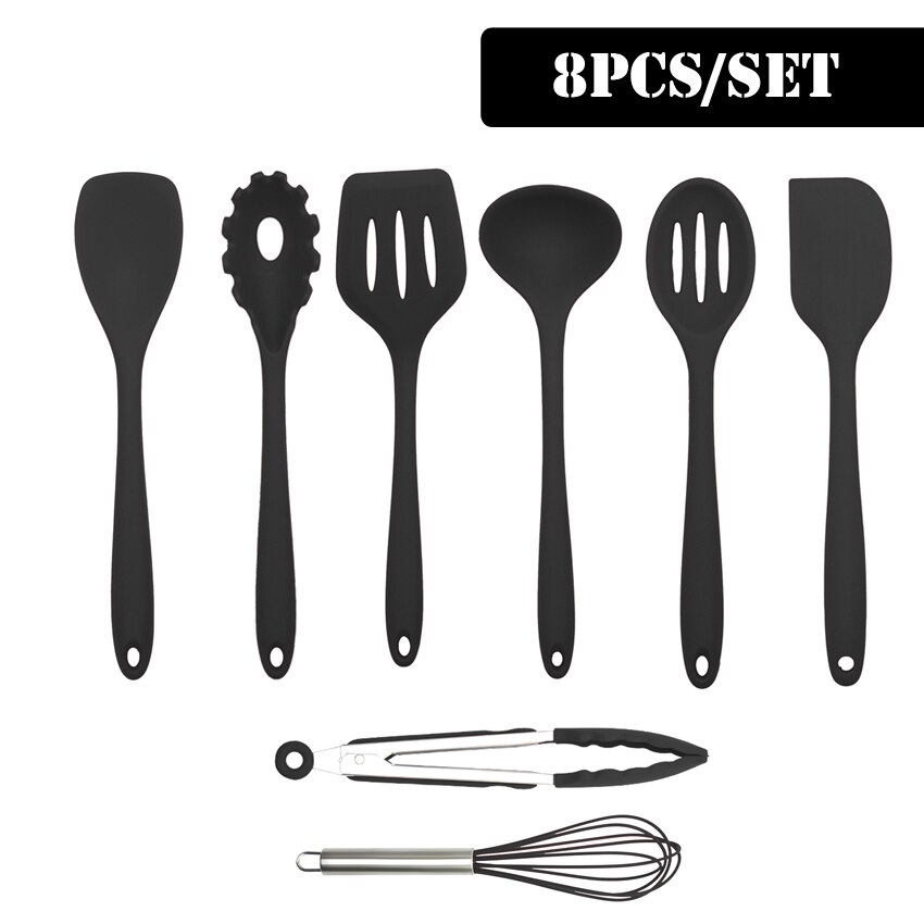 Svart matlagningsredskap set i silikon med non-stick bakredskap köksutrustning slitsad vändare spatel sked mattång kökssats: 8 st set