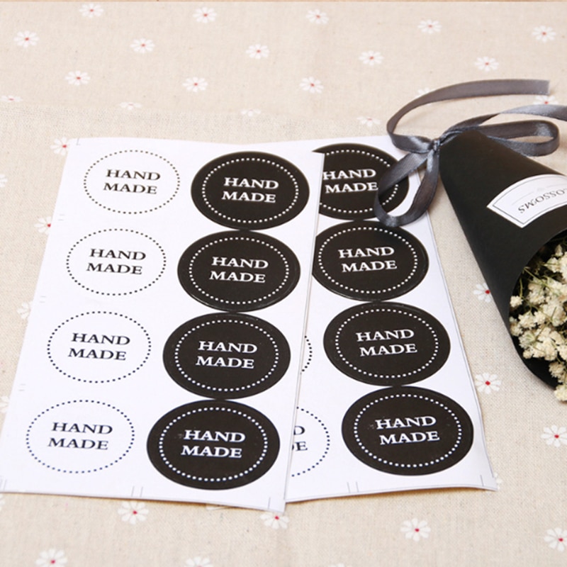 80pcs/pack Black And White Round HAND MADE Sealing Sticker Packing Label Adhesive Sticker Stationery Supplies