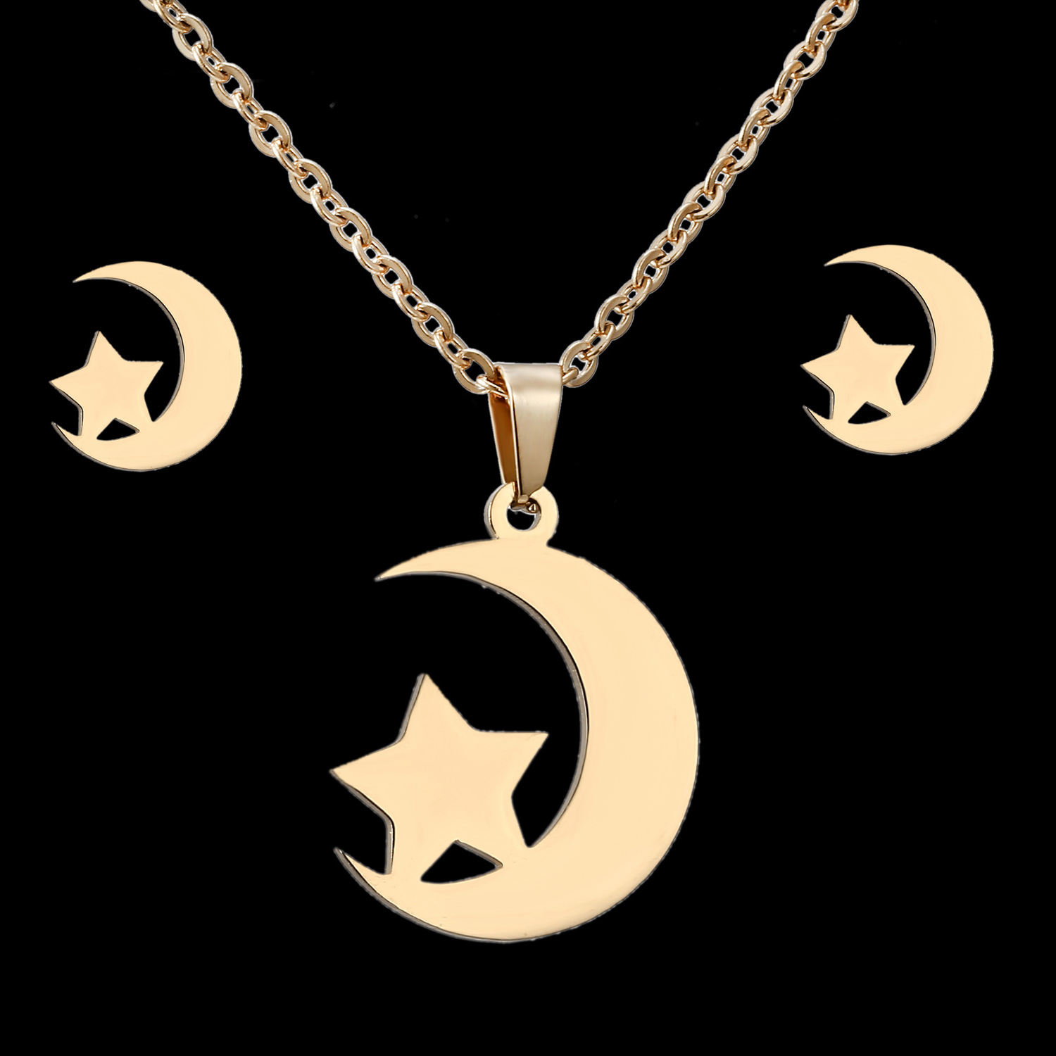 Rinhoo Goud Kleur Rvs Sets Voor Vrouwen Hart Kroon Liefde Cross Sterren Maan Ketting Oorbellen Set Bruid Bruiloft Sieraden: Moon Star
