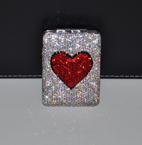 Bærbart håndholdt speil bling rhinestone hjerte sammenleggbart håndmadekorativ lomme mini rundt speil forfengelighet dekor: Firkantet rødt hjerte