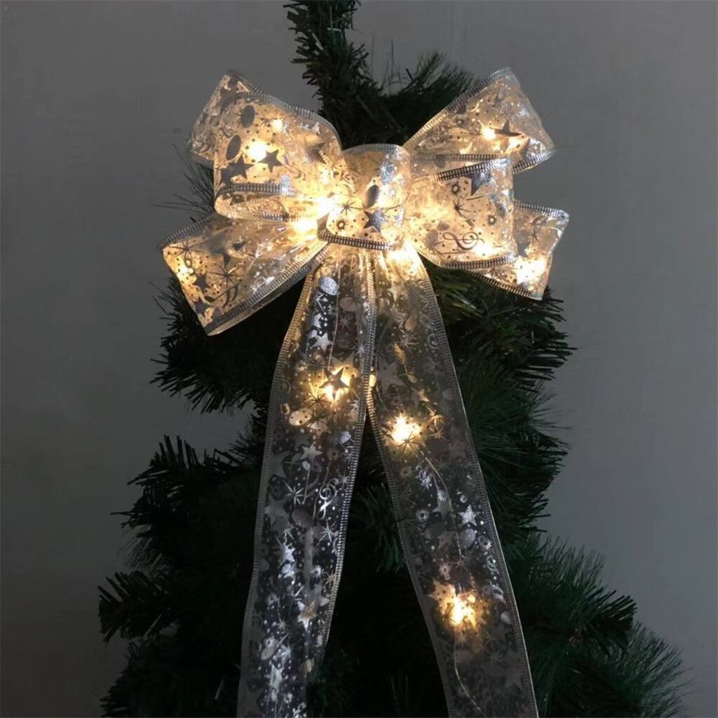 Led Christmas Ribbon Bows Knot Lace Led String Tree Party Box Fairy Night Lights Ornaments For Home Wreaths Decor 35x23cm: WH