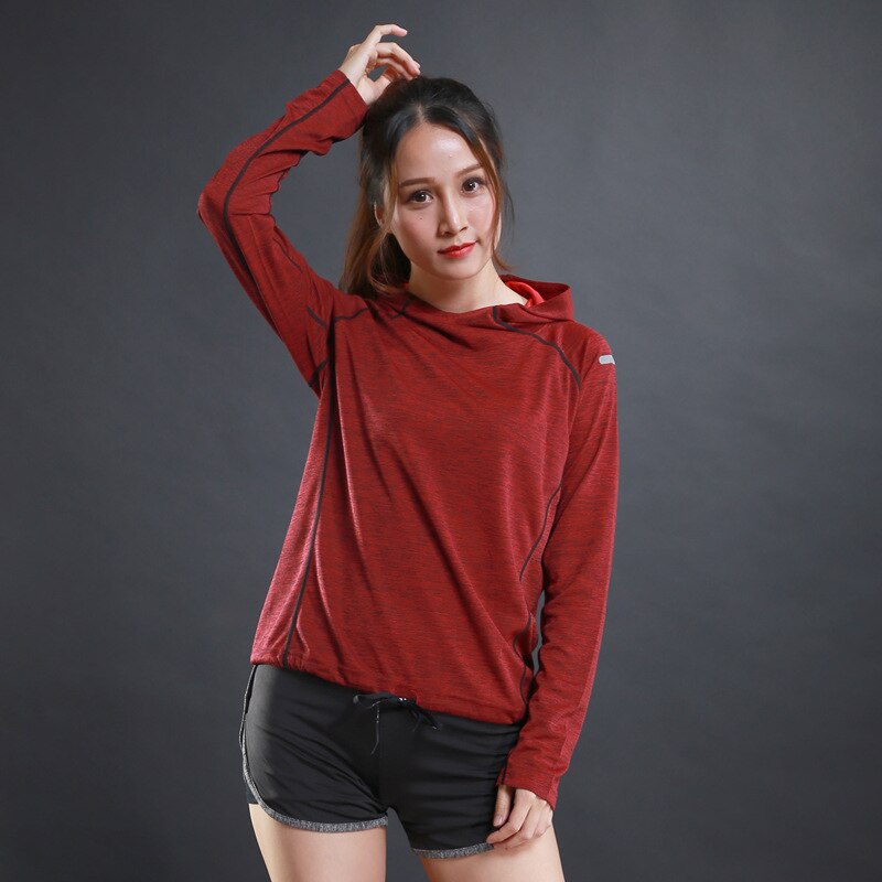 Autunno E di Inverno Delle Donne a Maniche Lunghe T-Shirt Felpa con Cappuccio Sottile di Fitness Traspirante Formazione di Sport Lungo-Manicotto Del Cappuccio: XXL / Rosso