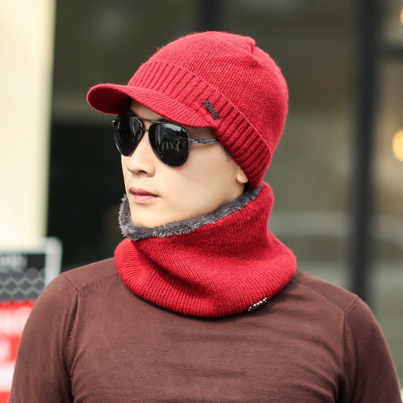 Herfst Winter Mannelijke Hoeden Sets Warm Gebreide Wollen Mutsen Sjaals Pak Jongen Cap Hals Kraag Dikke Pluche Mannen Hoed Sjaal 2 stuks Set: solid red