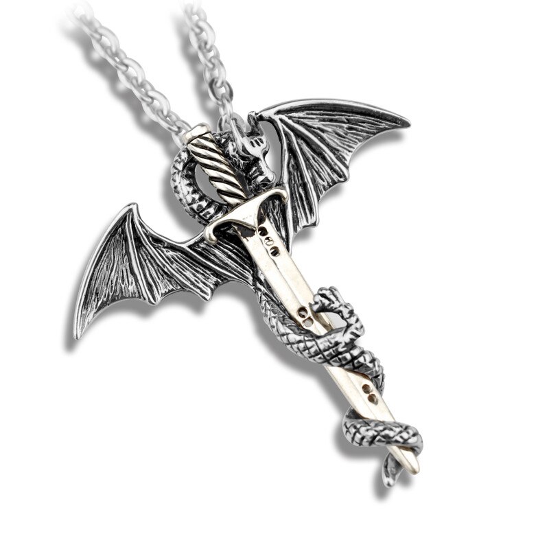 Super Personality Cool Stainless Steel Pendant Luminous Necklace Pterosaur Sword Jewelry Men Necklace Dragon Punk Necklace: silver