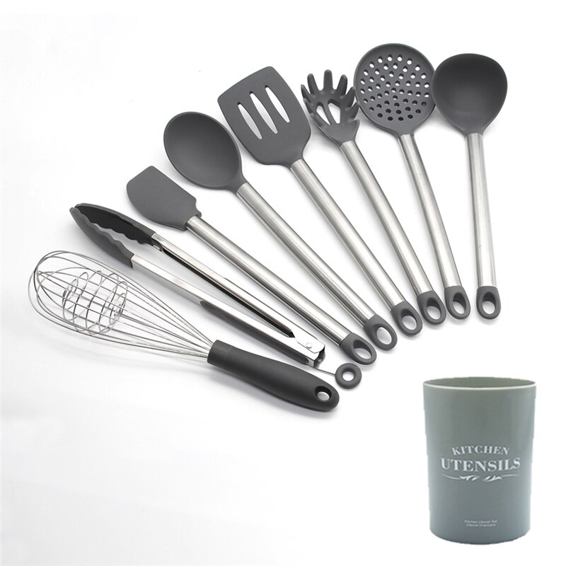 Gray Silicone Kitchen Set 8/9pcs Kitchen Utensils Set Stainless Steel Handle Non-stick Pan Spatula Cooking Utensils Kitchenware: 9-pcs Kitchen set