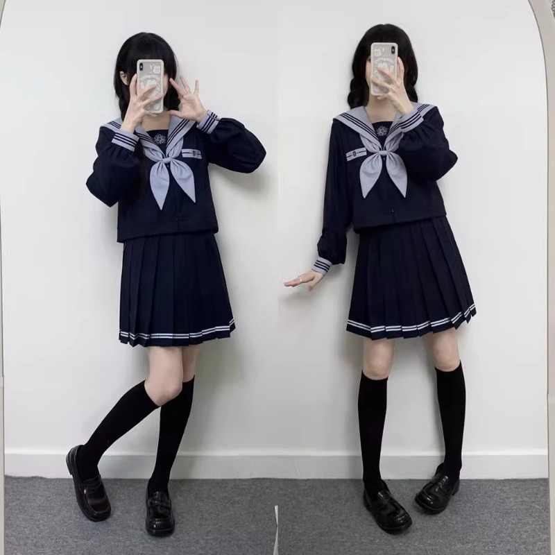 Japansk jk-uniform preppy-stil sjömansdräkt söt blå lång kortärmad topp med åtsittande midja och plisserad kjol för flicka