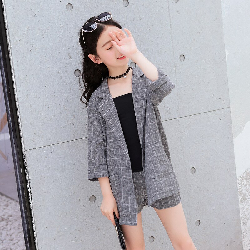 3Pcs Meisjes Pakken Kids Blazer Jacket + Vest + Shorts Outfits Kinderen Smoking Pak Voor Meisjes Blazer Wedding Party roze Grijs Kleur