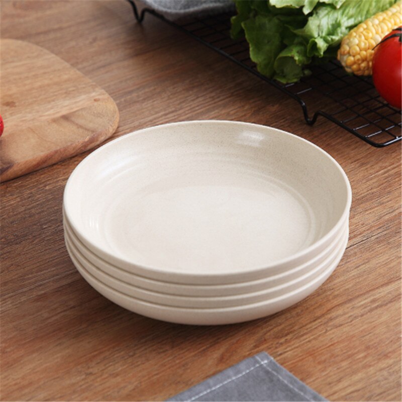 4 Pcs Eco-friendly Food Snack Dish Plate Wheat Straw Lunch Dinner Dessert Fruit Plate Tray Tableware 4 Colors Serving Plates: Beige