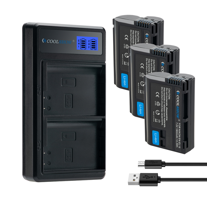 Batterie EN-EL15 mah pour appareil photo Nikon, 1900, pour modèles D7500, D7200, D7100, D7000, D850, D810, D810A, D800, D800E, MH25, V1, EN, EL15: 1Charger 3Battery