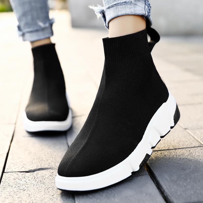 High Top Slip on Women's Running Shoes Women's High Sports Shoes Sport Sneakers High-level Sneakers Socks Female Black Gym E-466