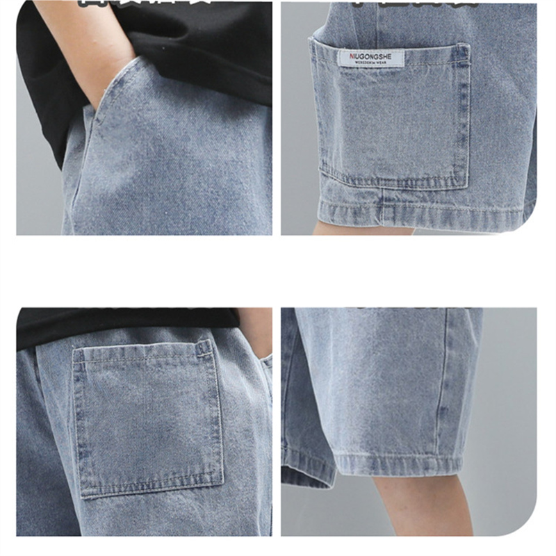 Neue 2022 Kinder Sommer Denim Shorts Mit Tasche Baby Jungen Baumwolle Kurze Jeans Kinder Casual Kalb Hosen Alter 4 5 7 9 11 13 14 jahre