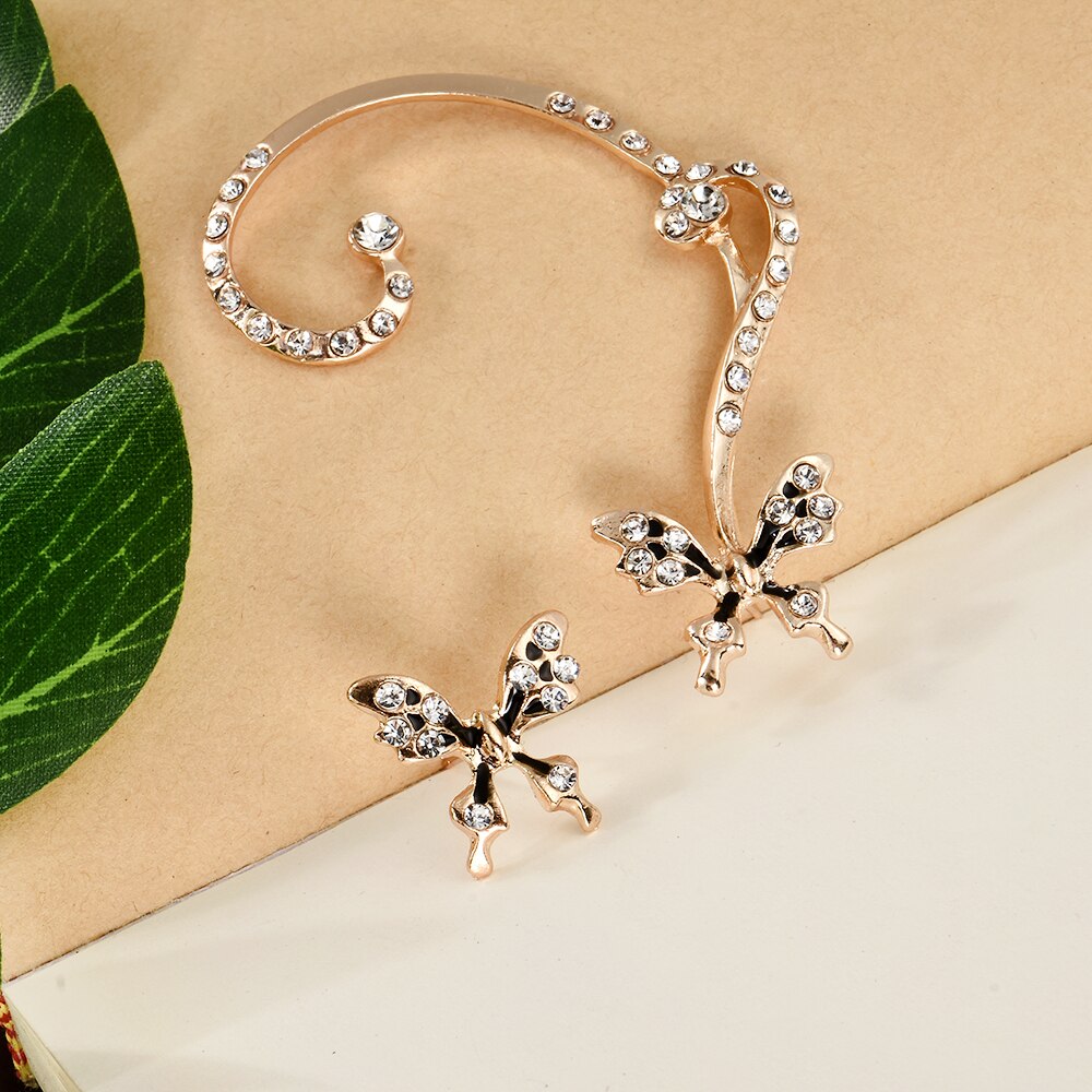 1 Pair Beauty Gold Butterfly Ear Cuff Clip Earrings Crystal Rhinestone ear cuffs Earring For Women Girl Er900