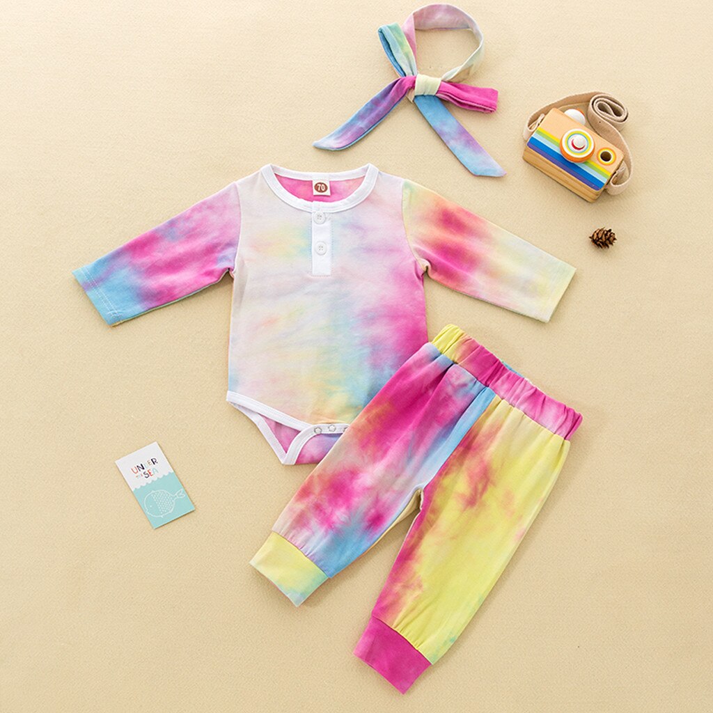 Pasgeboren Baby Tie Dye Nachtkleding Meisjes Jongens Lange Mouw Regenboog Tie-Geverfd Romper + Broek + Hoofdband Pyjama Nachtkleding outfits Pijamas