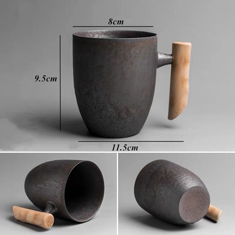 Japansk stil keramisk kontor te krus vintage vand kop retro kaffemælk med træhåndtag drinkware: 4b