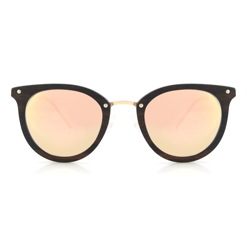 Skymood Vintage Women's Polarized ROSE Gold Tint Lens Cat Eye Steel Metal Ebony Wood Frame Sunglasses