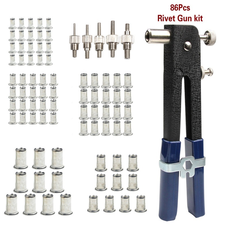 Blind Hand Klinknagel Noten Schroefdraad Insert Rivet Tool Klinkhamer Gun met Nutsert Klinken Huishoudelijke Reparatie Tools Set 86Pcs M3-M8