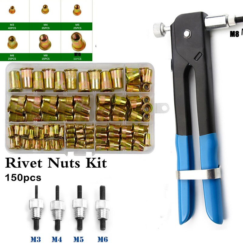 100/150/165/210pcs M3-M12 Multi Flat Head Metric Thread Blind Rivet Nut Insert Rivnut Nutsert Screw: 150pcs Carbon steel