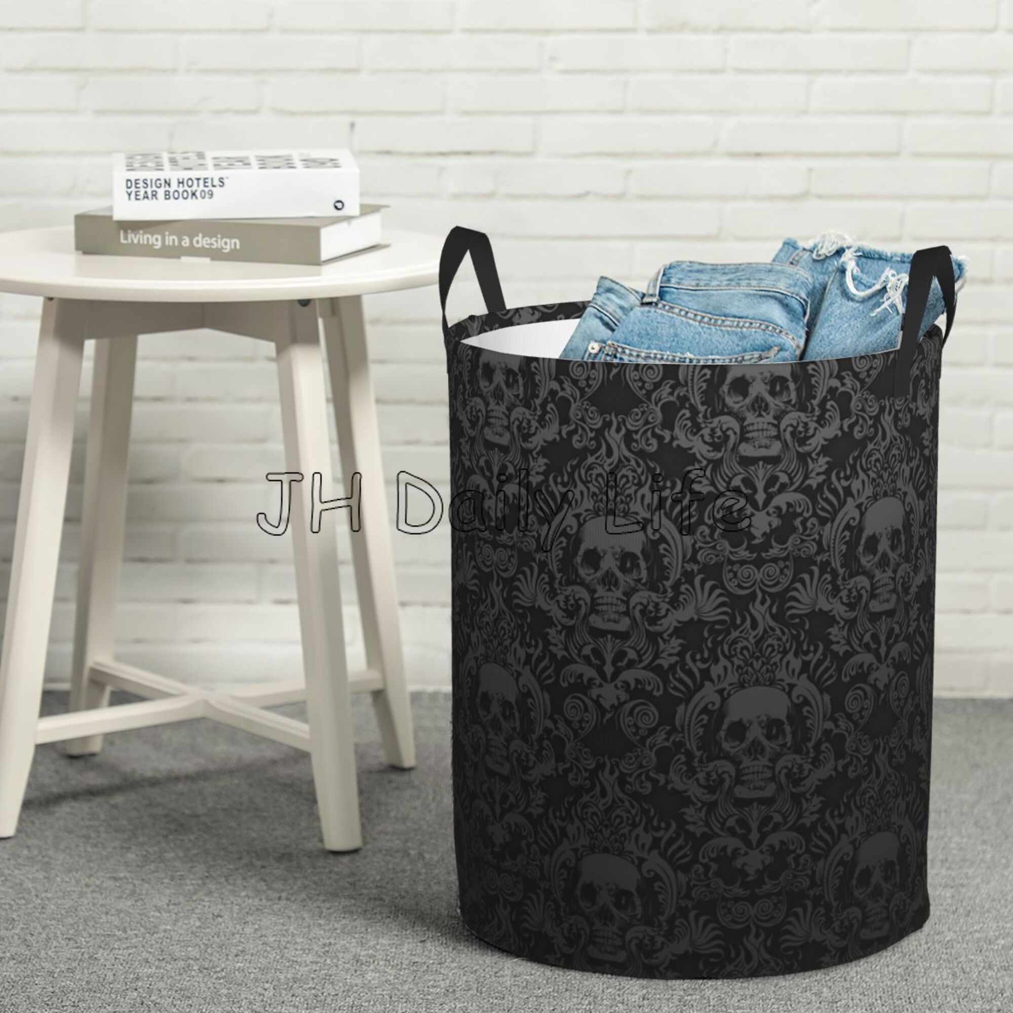 Waterproof Goth Gothic Black Skull Damask Circular Hamper Round Laundry Baskets Foldable Laundry Bags for Bathroom Bedroom Dorm