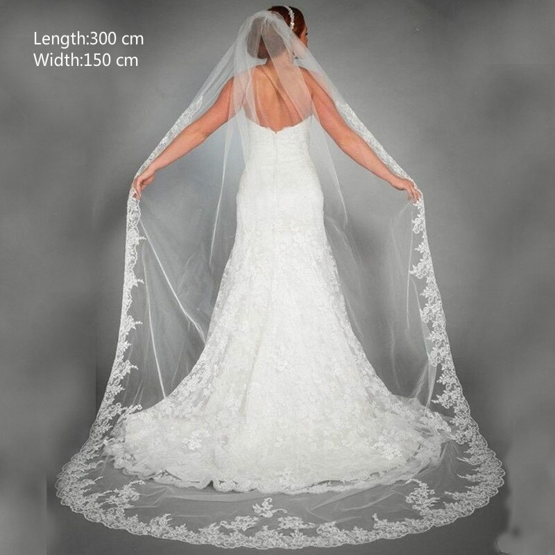 Voile Long De mariage en Tulle, accessoires élégants, Appliques, voile De mariée, bord en dentelle, 1T, 3 mètres
