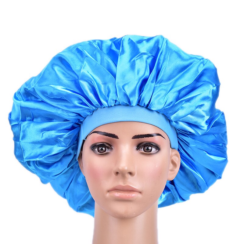 1PC Super Giant Sleep Cap Waterproof Shower Caps Female Hair Care Large Satin Silk Bonnet Luxurious Fabric Sleep Cap: lake blue