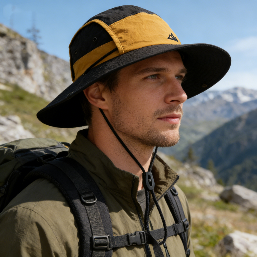 Ein faltbarer, leichter, schnell trocknender, sonnenschützender Fischerhut mit Farbblock. unisex-Stil mit großer Krempe für atmungsaktiven Sonnenschutz. Geeignet für draussen-Aktivitäzehn, Wandern, Angeln und Höhle täglichen Freizeitgebrauch.