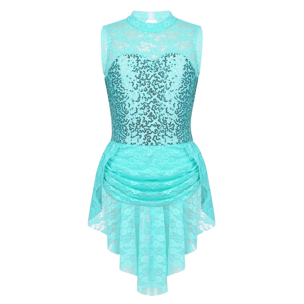 iiniim Kids Girls Sequins Ice Figure Skating Dress Lace Print Gymnastics Leotard Costumes for Teen Ballerina Dance Tutu Dress: Mint Green / 14