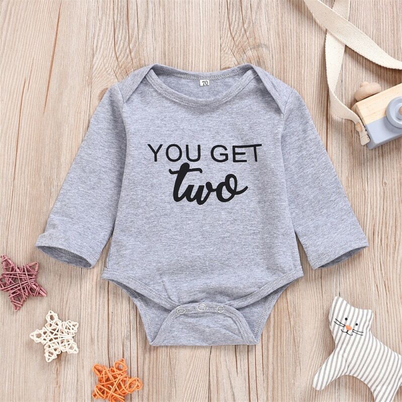 Baby Twins Clothes 2 Pieces Newborn Clothes Baby Boys Bodysuit Gray Letter Long Sleeve Jumpsuits Toddler Baby Girls Bodysuit Set