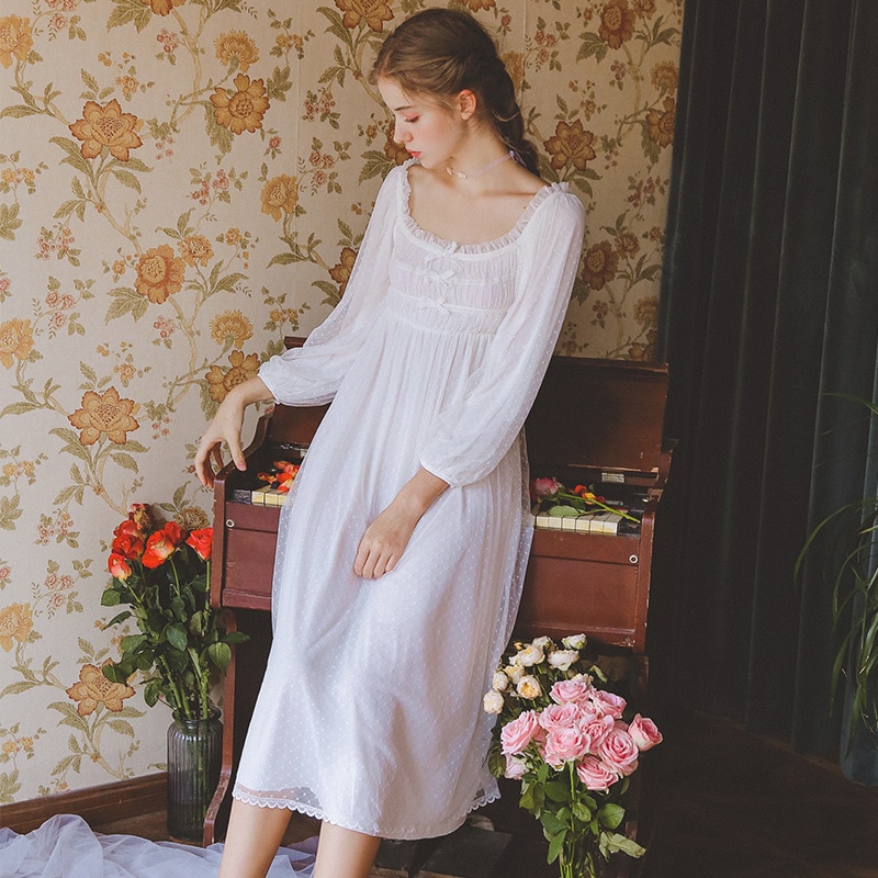 Women Nightgown White Lace Cotton Nightgowns Nightdress Woman Long Sleeve Sleepwear Dress