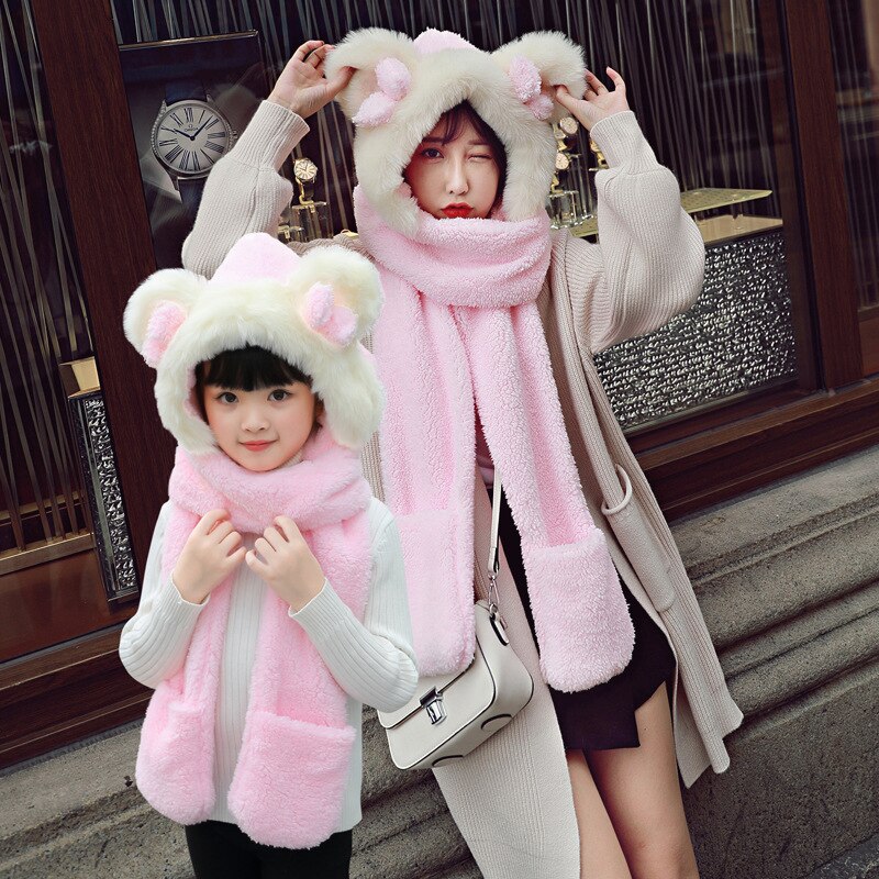 Foux Bomber Hats Women Kids Parent Child Winter Bear Ears Russian Cap Scarf Neck Gloves Snow Warm Baby Boy Girl Ushanka Trooper