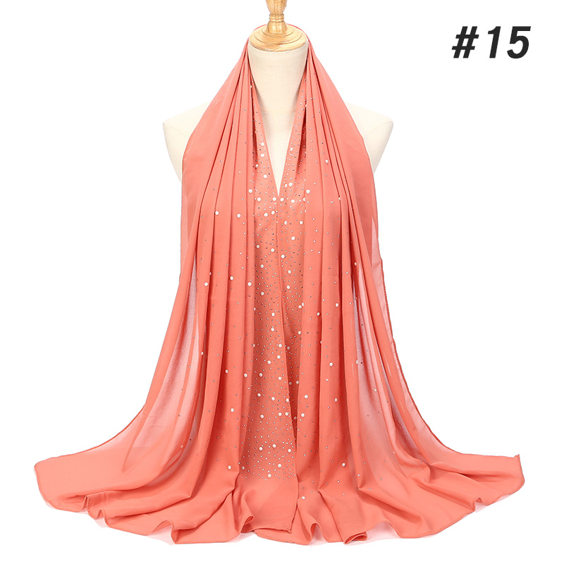 1 Pc Vrouwen Bellen Chiffon Sjaal Met Diamant Studs Parels Sjaal Vlakte Hijab Sjaals Wraps Effen Kleur Moslim hijab Sjaal: color15