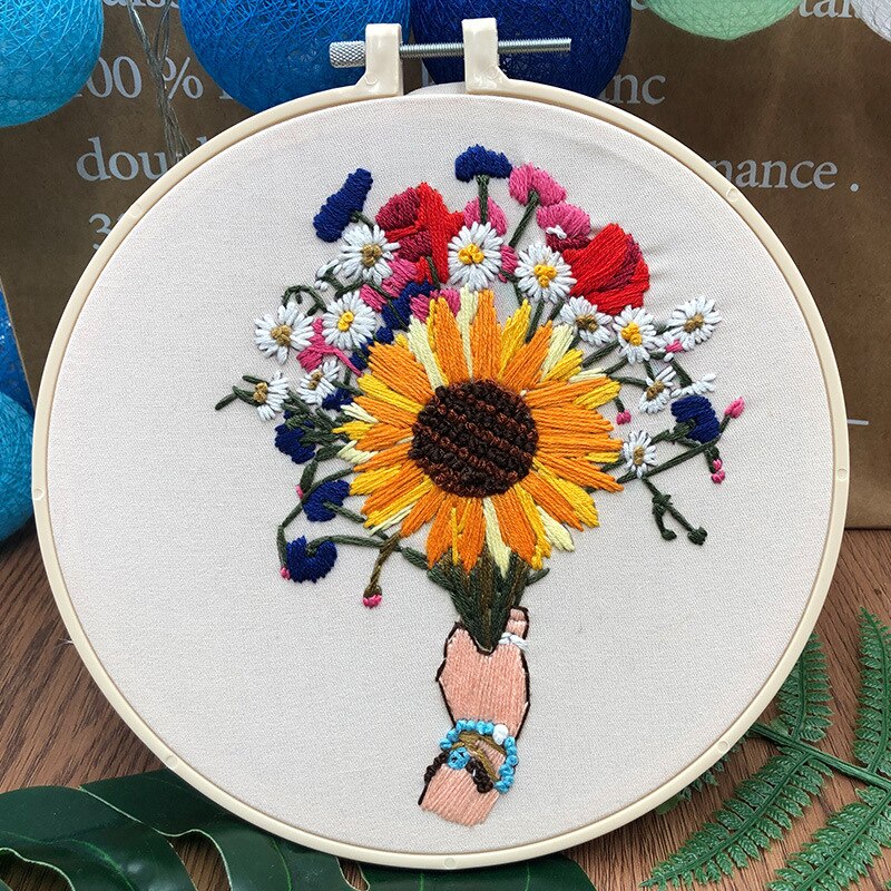 Bouquet Pattern Beginner Handmade Art Needlework Material DIY Kits Embroidery Fabric Sewing Craft Set Home Decor
