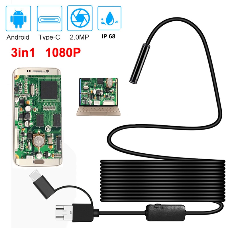 Caméra d&#39;inspection serpent USB 1080P 2.0 MP, étanche IP68, Endoscope USB type-c avec 8 LED, pour Samsung Huawei Xiaomi PC
