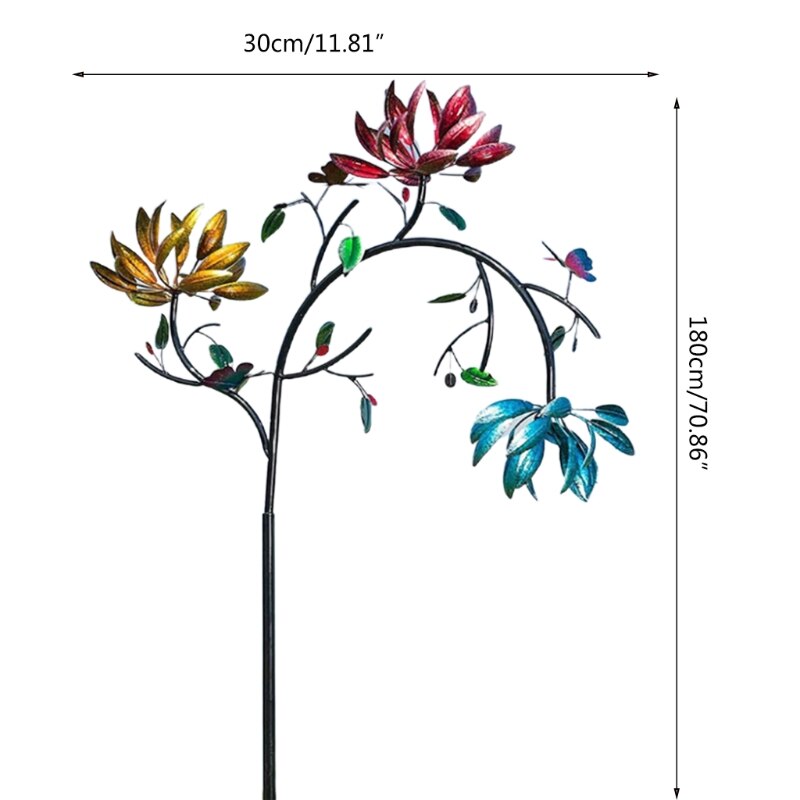 Moinho de vento de metal grande com 3 flores giratórias, borboletas, moinho de vento, escultura para decoração de arte de jardim, quintal ao ar livre