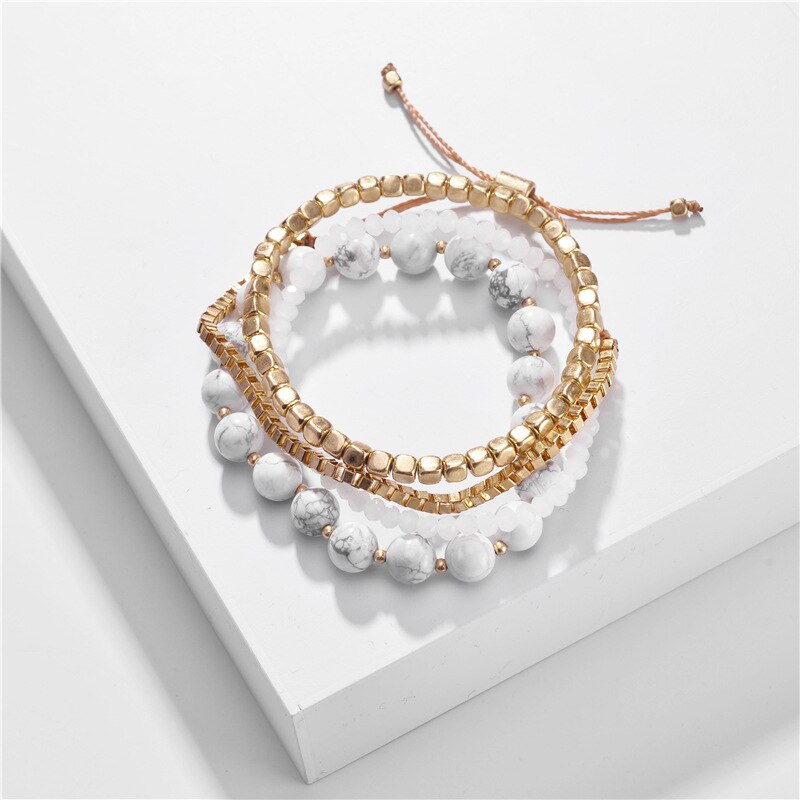 Jewelry 4 Layers Stacked Beaded Bracelets Set Stackable Natural Stone Chain Link Bracelet