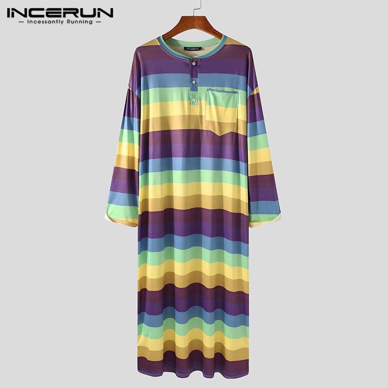 Men Striped Robes Colorful Round Neck Long Sleeve Soft Bathrobes Cozy Nightgown Loose Leisure Mens Dressing Gowns S-5XL INCERUN