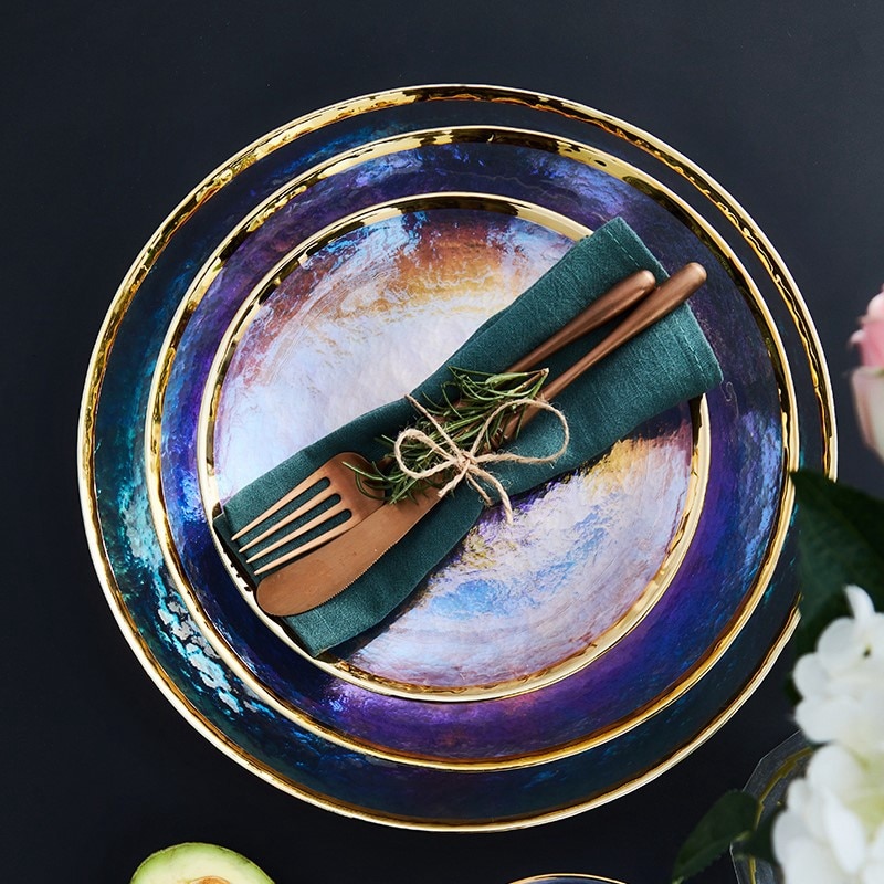 Assiette de luxe en verre arc-en-ciel, vaisselle, service de table, bol à salade, bols à fruits, stockage des aliments, vaisselle de cuisine, fête de mariage